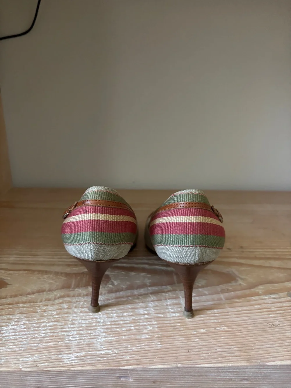 Cole Haan Pointed-Toe Pumps in Beige with Green & Red Stripes
